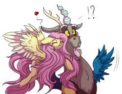 Size: 3080x2369 | Tagged: safe, artist:marbola, imported from derpibooru, discord, fluttershy, draconequus, pegasus, pony, blushing, chest fluff, cute, discoshy, discute, exclamation point, female, hug, interrobang, male, mare, question mark, shipping, shyabetes, straight
