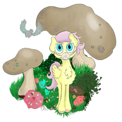 Size: 1024x1024 | Tagged: safe, artist:bob-finnski, imported from derpibooru, fluttershy, pegasus, pony, breath, curious, face mask, female, mask, mushroom, mushrooms, poison, scared, simple background, solo, spore, spores, strange, surgical mask, transparent background, wood