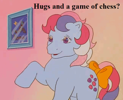 Size: 648x528 | Tagged: safe, edit, edited screencap, imported from derpibooru, screencap, sweet stuff, earth pony, pony, twinkle eyed pony, my little pony 'n friends, sweet stuff and the treasure hunt, bow, bronybait, chess, cropped, cute, female, g1, hug request, mare, paradise estate, picture, raised hoof, sweet sweet stuff, tail bow, text