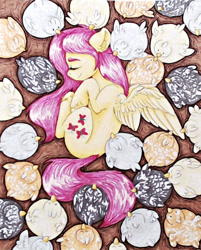 Size: 1024x1272 | Tagged: safe, artist:rysunkowasucharia, imported from derpibooru, fluttershy, bird, chicken, pegasus, pony, curled up, eyes closed, female, hen, high angle, hooves to the chest, mare, on side, one wing out, overhead view, side, sleeping, smiling, solo, top down, traditional art