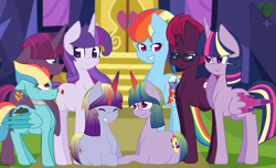 Size: 1023x622 | Tagged: safe, artist:ambroiseviridian, imported from derpibooru, fizzlepop berrytwist, rainbow dash, tempest shadow, twilight sparkle, alicorn, pegasus, pony, unicorn, family, female, lesbian, magical lesbian spawn, offspring, parent:rainbow dash, parent:rarity, parent:tempest shadow, parent:twilight sparkle, parent:zephyr breeze, parents:rarilight, parents:tempestlight, parents:twidash, parents:zephdash, rainbow power, shipping, tempestlight, twidash, twilight sparkle (alicorn)