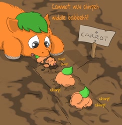 Size: 861x885 | Tagged: safe, artist:carpdime, imported from derpibooru, fluffy pony, carrot, chirping, dirt, fluffy pony foals, food, garden fluffies, harvest, newborn, weird, weirdbox