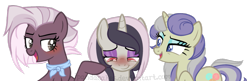 Size: 1279x414 | Tagged: safe, artist:ipandacakes, imported from derpibooru, oc, oc only, oc:lavender tea, oc:sand dollar, oc:topsy turvy, earth pony, hybrid, pony, female, interspecies offspring, male, mare, offspring, parent:burnt oak, parent:discord, parent:jasmine leaf, parent:princess celestia, parents:burntleaf, parents:dislestia, simple background, transparent background