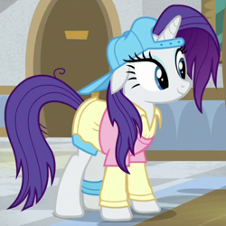 Size: 620x620 | Tagged: safe, imported from derpibooru, screencap, rarity, pony, unicorn, friendship university, backwards ballcap, baseball cap, cap, female, hat, mare, plainity, smiling, solo