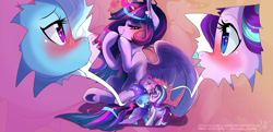 Size: 3522x1703 | Tagged: safe, artist:wilvarin-liadon, imported from derpibooru, starlight glimmer, trixie, twilight sparkle, alicorn, pony, unicorn, cape, clothes, female, glowing horn, hat, horn, lesbian, magic, plushie, shiplight sparkle, shipper on deck, shipping, startrix, telekinesis, trixie's cape, trixie's hat, twilight sparkle (alicorn), wings