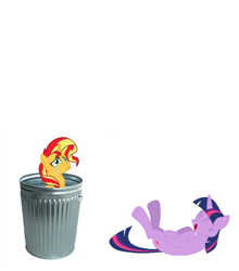 Size: 892x1014 | Tagged: safe, imported from derpibooru, sunset shimmer, twilight sparkle, pony, unicorn, abuse, background pony strikes again, downvote bait, into the trash it goes, laughing, op is a duck, op is trying to start shit, op isn't even trying anymore, sad, shimmerbuse, sunsad shimmer, sunset shimmer's trash can, trash can, unicorn twilight