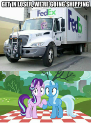 Size: 651x877 | Tagged: safe, artist:davidsfire, edit, imported from derpibooru, vector edit, princess cadance, starlight glimmer, trixie, fedex, female, get in loser, hoof hold, image macro, lesbian, loser, love, mean girls, meme, picnic, pun, shipping, startrix, vector, visual pun