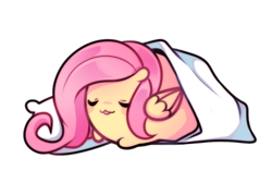 Size: 900x565 | Tagged: safe, artist:pekou, imported from derpibooru, fluttershy, ask my little chubbies, 2018, ask, blanket, blob ponies, chibi, chubbie, cute, my little chubbies, pillow, shyabetes, simple background, sleeping, solo, transparent background