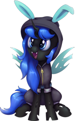 Size: 1110x1791 | Tagged: safe, artist:thebowtieone, imported from derpibooru, oc, oc:blue visions, changeling, blue changeling, bunny ears, changeling oc, clothes, costume, dangerous mission outfit, female, hoodie, simple background, solo, transparent background