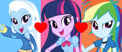 Size: 1300x554 | Tagged: safe, artist:themexicanpunisher, imported from derpibooru, rainbow dash, trixie, twilight sparkle, equestria girls, clothes, cyoa, female, heart, lesbian, open mouth, shipping, twidash, twixie