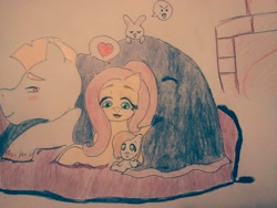 Size: 2592x1944 | Tagged: safe, artist:miyathegoldenflower, imported from derpibooru, angel bunny, bulk biceps, fluttershy, oc, oc:sound wave, awww, colt, family, father and son, female, fireplace, flutterbulk, heartwarming, male, mother and son, offspring, parent:bulk biceps, parent:fluttershy, parents:flutterbulk, shipping, straight, traditional art