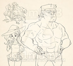 Size: 400x365 | Tagged: safe, artist:m1m3m3, imported from derpibooru, bulk biceps, fluttershy, human, beach, clothes, cute, cutie mark on clothes, food, humanized, ice cream, implied flutterbulk, obtrusive watermark, swimsuit, watermark
