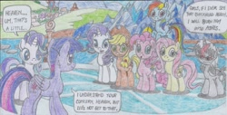 Size: 2126x1083 | Tagged: safe, artist:nephilim rider, imported from derpibooru, applejack, fluttershy, pinkie pie, rainbow dash, rarity, starlight glimmer, twilight sparkle, twilight sparkle (alicorn), oc, oc:heaven lost, alicorn, school daze, alicorn oc, black and red, black and white, grayscale, monochrome, traditional art