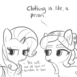 Size: 1280x1280 | Tagged: safe, artist:tjpones, imported from derpibooru, rarity, tree hugger, earth pony, pony, unicorn, bandana, clothes, dialogue, duo, ear fluff, female, grayscale, mare, monochrome, scarf, simple background, sketch, white background