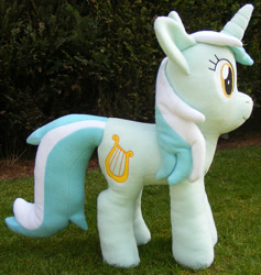 Size: 1033x1089 | Tagged: safe, artist:hoppip, imported from derpibooru, lyra heartstrings, pony, unicorn, female, infamous, irl, lyra plushie, mare, outdoors, photo, plothole plush lyra, plushie, side view, smiling, solo, standing