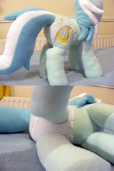 Size: 1280x1920 | Tagged: safe, artist:hoppip, imported from derpibooru, lyra heartstrings, pony, unicorn, clothes, collage, female, indoors, infamous, irl, low angle, lying, lyra plushie, mare, on side, panties, photo, plothole plush lyra, plushie, raised leg, side, side view, solo, standing, tail, tail hole, underwear, white underwear, worm's eye view