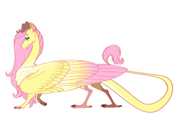 Size: 1280x828 | Tagged: safe, artist:earthsong9405, imported from derpibooru, fluttershy, dragon, feathered dragon, reverse dragon au, alternate universe, colored wings, dragoness, dragonified, female, flutterdragon, simple background, solo, species swap, white background