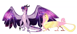 Size: 1280x568 | Tagged: safe, artist:earthsong9405, imported from derpibooru, fluttershy, twilight sparkle, dragon, feathered dragon, reverse dragon au, alternate universe, colored wings, dragoness, dragonified, female, fluffy, fluffy dragon, flutterdragon, simple background, size comparison, species swap, starry wings, twilidragon, white background