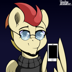 Size: 1181x1181 | Tagged: safe, artist:php97, imported from derpibooru, oc, oc only, oc:jet stream, pegasus, pony, cellphone, clothes, glasses, phone, smartphone, smiling, solo, steve jobs, sweater, wing hands, wing hold, wings
