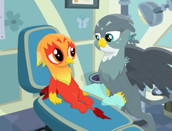 Size: 3527x2692 | Tagged: safe, artist:porygon2z, imported from derpibooru, gabby, oc, oc:heatwave, griffon, chickub, dentist, dentist chair, medical gloves, rubber gloves