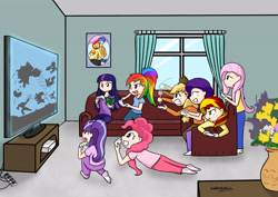 Size: 4209x2976 | Tagged: safe, artist:captainkachiro, imported from derpibooru, applejack, flash sentry, fluttershy, pinkie pie, rainbow dash, rarity, starlight glimmer, sunset shimmer, twilight sparkle, alicorn, human, equestria girls, clothes, female, flashimmer, game, gaming, humane five, humane seven, humane six, humanized, male, nintendo, shipping, socks, straight, super smash bros., twilight sparkle (alicorn)