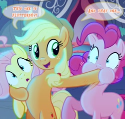 Size: 1603x1517 | Tagged: safe, artist:light262, artist:lummh, edit, imported from derpibooru, applejack, fluttershy, pinkie pie, earth pony, pegasus, pony, comic:timey wimey, bipedal, comic, cropped, female, hoof in mouth, hoofjack, smiling, speech bubble