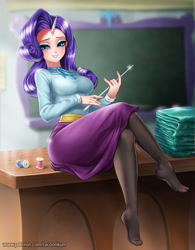 Size: 1000x1281 | Tagged: safe, alternate version, artist:racoonsan, imported from derpibooru, rarity, human, school daze, anime, beautiful, beautisexy, blurred background, blurry background, breasts, chalkboard, classroom, cloth, clothes, crossed legs, cummerbund, cute, desk, eyelashes, eyeshadow, feet, female, horn, horned humanization, hot for teacher, humanized, indoors, legs, looking at you, makeup, missing shoes, nail polish, necktie, pantyhose, pointer, raritights, sash, school of friendship, schoolmarm rarity, sexy, shirt, sitting, skirt, smiling, socks, solo, spool, stupid sexy rarity, teacher, tight clothing, toes