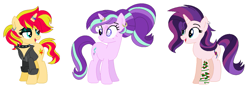 Size: 1243x441 | Tagged: safe, artist:fandom-crockpot, artist:mlpfangirl17, artist:selenaede, imported from derpibooru, starlight glimmer, sunset shimmer, oc, oc:evening glitter, pony, unicorn, icey-verse, alternate hairstyle, base used, bedroom eyes, choker, clothes, ear piercing, earring, eye scar, eyeshadow, family, female, goth, horn ring, jacket, jewelry, leather jacket, lesbian, magical lesbian spawn, makeup, mare, mother and daughter, next generation, offspring, open mouth, parent:starlight glimmer, parent:sunset shimmer, parents:shimmerglimmer, piercing, ring, scar, shimmerglimmer, shipping, simple background, spiked choker, tattoo, wedding ring, white background