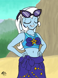 Size: 2344x3125 | Tagged: safe, artist:brekrofmadness, imported from derpibooru, trixie, equestria girls, equestria girls series, forgotten friendship, belly button, clothes, eyes closed, female, hand on hip, midriff, solo, sunglasses, sunglasses on head, swimsuit, traditional art