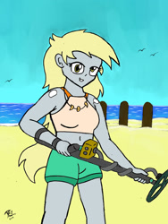 Size: 2344x3125 | Tagged: safe, artist:brekrofmadness, imported from derpibooru, derpy hooves, equestria girls, belly button, clothes, female, metal detector, midriff, solo, swimsuit, traditional art