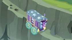 Size: 1280x720 | Tagged: safe, imported from derpibooru, screencap, starlight glimmer, trixie, pony, unicorn, road to friendship, spoiler:s08, cliff, duo, duo female, female, mare, smiling, trixie's wagon