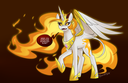 Size: 1150x750 | Tagged: safe, artist:cosmalumi, artist:its-gloomy, imported from derpibooru, daybreaker, alicorn, pony, female, mare, smiling, solo, speech bubble