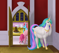 Size: 1600x1446 | Tagged: safe, artist:soobel, imported from derpibooru, cup cake, pinkie pie, princess celestia, alicorn, earth pony, pony, cake, cakelestia, chubby, chubbylestia, crumbs, fat, female, food, jewelry, mare, obese, raised hoof, regalia