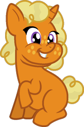 Size: 440x662 | Tagged: safe, artist:amrasfelagund, deleted from derpibooru, imported from derpibooru, oc, oc only, oc:pumpkin sweet, pony, unicorn, chubby, chubby cheeks, description is relevant, double chin, foal, freckles, friendship is magic: the next generation, nonbinary, offspring, parent:apple bloom, parent:snails, parents:snailbloom, simple background, smiling, solo, transparent background