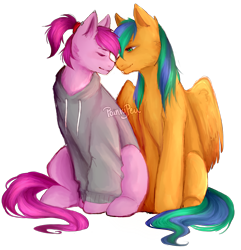 Size: 2345x2428 | Tagged: safe, artist:paintypen, imported from derpibooru, oc, oc only, oc:naarkerotics, clothes, female, hoodie, male, nuzzling, oc x oc, shipping, simple background, straight, transparent background, ych result