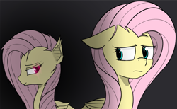 Size: 2201x1358 | Tagged: safe, alternate version, artist:pinkberry, edit, imported from derpibooru, fluttershy, bat pony, pony, duality, duo, fangs, female, flutterbat, glowing eyes, gradient background, looking sideways, race swap, self ponidox, worried