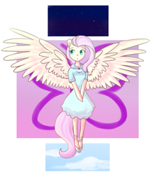 Size: 1741x1989 | Tagged: safe, artist:nagai-kida, imported from derpibooru, fluttershy, anthro, pegasus, clothes, dress, female, high heels, looking away, mare, shoes, solo, spread wings, wings