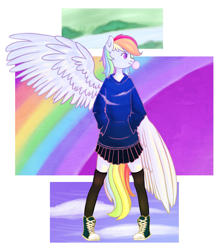 Size: 1697x1900 | Tagged: safe, artist:nagai-kida, imported from derpibooru, rainbow dash, anthro, pegasus, bubblegum, clothes, converse, female, food, gum, pleated skirt, shoes, skirt, sneakers, socks, solo, sweater, thigh highs