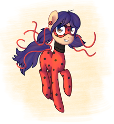 Size: 1995x2163 | Tagged: safe, artist:nagai-kida, imported from derpibooru, earth pony, pony, clothes, crossover, female, ladybug (miraculous ladybug), looking at you, mare, marinette dupain-cheng, mask, miraculous ladybug, ponified, smiling