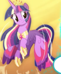 Size: 669x813 | Tagged: safe, artist:light262, artist:lummh, edit, imported from derpibooru, twilight sparkle, alicorn, pony, comic:timey wimey, colored wings, comic, cropped, crown, element of magic, ethereal mane, female, flying, hoof shoes, if only, mare, multicolored wings, older, older twilight, peytral, rainbow power, regalia, smiling, solo, twilight sparkle (alicorn), ultimate twilight, wings