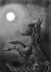 Size: 2896x4092 | Tagged: safe, artist:sweetstrawberryblood, imported from derpibooru, oc, oc only, oc:cosmia nebula, pony, black and white, grayscale, monochrome, rearing, solo, sun