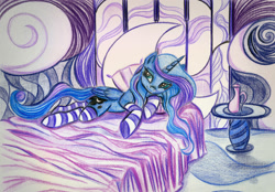 Size: 2000x1392 | Tagged: safe, artist:pedrohander, imported from derpibooru, princess luna, alicorn, pony, bedroom, clothes, female, lidded eyes, looking at you, mare, missing accessory, socks, solo, striped socks, traditional art