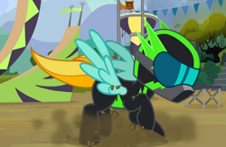 Size: 1506x981 | Tagged: safe, imported from derpibooru, screencap, lightning dust, pegasus, pony, the washouts (episode), spoiler:s08, bodysuit, female, goggles, helmet, mare, omg, raised hoof, washouts uniform