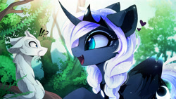 Size: 3247x1832 | Tagged: safe, artist:magnaluna, imported from derpibooru, princess luna, oc, oc:zefiroth, alicorn, dragon, pony, zefiros codex, alternate universe, chinese dragon, cute, cute little fangs, duo, ethereal mane, exclamation point, fangs, female, heart, male, mare, open mouth, question mark