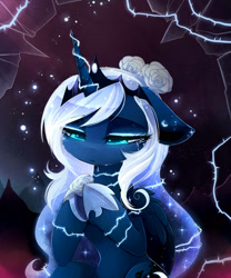 Size: 1580x1899 | Tagged: safe, artist:magnaluna, imported from derpibooru, princess luna, alicorn, pony, zefiros codex, alternate universe, beautiful, crying, ethereal mane, female, floppy ears, flower, flower in hair, mare, rose, sad, solo