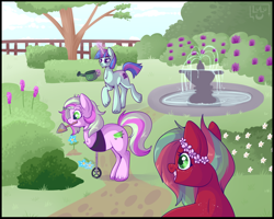 Size: 1250x1000 | Tagged: safe, artist:lulubell, imported from derpibooru, oc, oc only, oc:berry mojito, oc:bound novel, oc:mint melon mojito, earth pony, pony, unicorn, amputee, flower, flower in hair, fountain, garden, glowing horn, magic, mouth hold, telekinesis