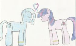 Size: 1280x777 | Tagged: safe, artist:dekomaru, imported from derpibooru, trixie, twilight sparkle, pony, unicorn, female, lesbian, shipping, traditional art, twixie