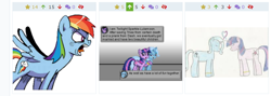 Size: 746x267 | Tagged: safe, artist:akumath, artist:dekomaru, artist:pencils, idw, imported from derpibooru, trixie, twilight sparkle, pegasus, pony, unicorn, derpibooru, spoiler:comic, spoiler:comic69, female, juxtaposition, lesbian, meta, official comic, pixel art, shipping, simple background, traditional art, transparent background, twixie