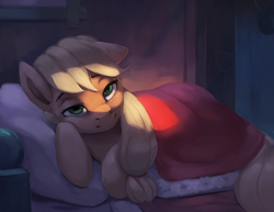 Size: 1100x850 | Tagged: safe, artist:rodrigues404, imported from derpibooru, applejack, earth pony, pony, barn, bed, bedroom, cute, female, freckles, jackabetes, lidded eyes, looking at you, mare, sleepy, solo, tired