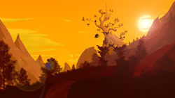 Size: 1920x1080 | Tagged: safe, artist:probaldr, imported from derpibooru, griffon, griffonstone, lens flare, lineless, mountain, scenery, silhouette, sun, sunset, tree, wallpaper, wings